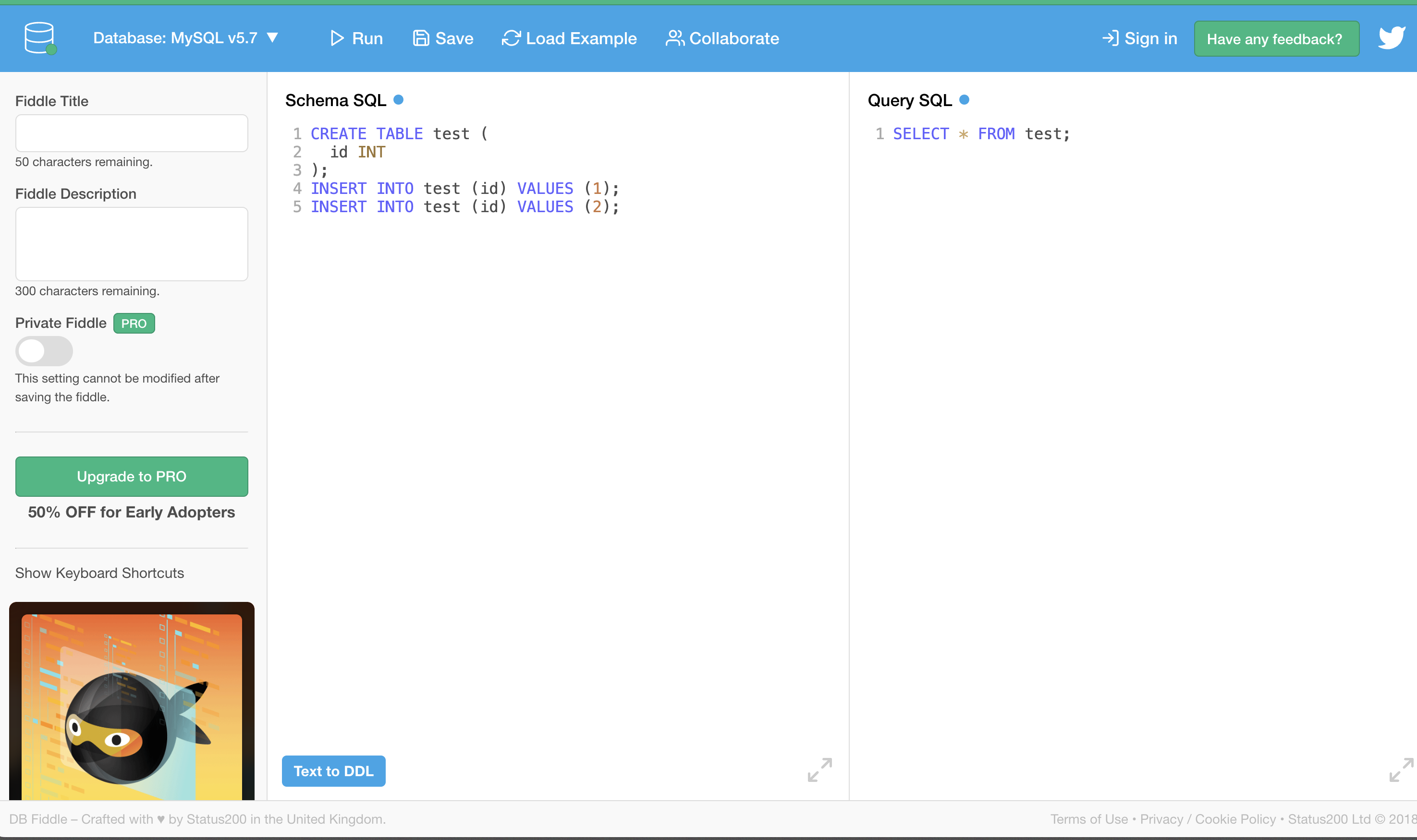 DB Fiddle Screenshot showing manual schema and data setup
